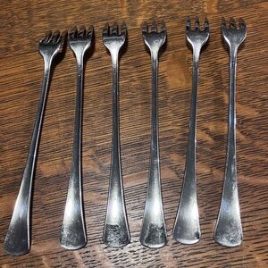 VINTAGE PICKLE FORKS SET OF SIX, pattern unknown.